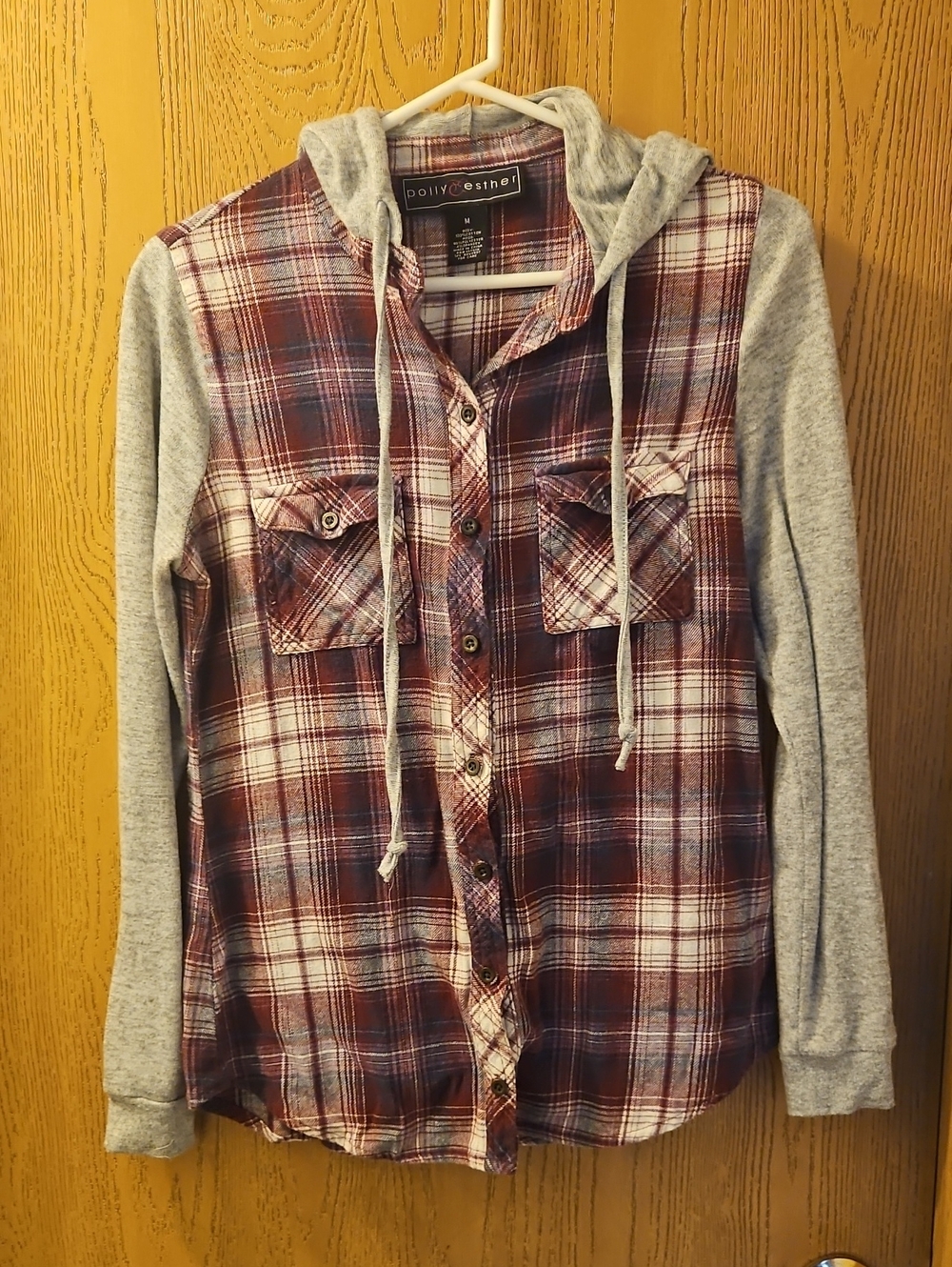 Polly & Esther Hooded Plaid Button-Up Shirt - Burgundy & Gray